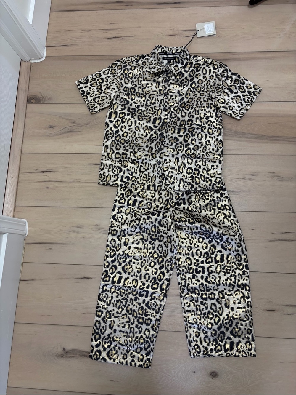 AllSaints Metallic Leopard Print Button-Up Jacket in Black, Gold, Cream